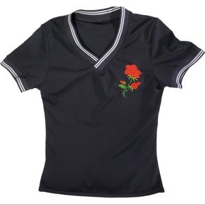 Black V-Neck T-Shirt with Embroidered Rose -Women’s Size M/L